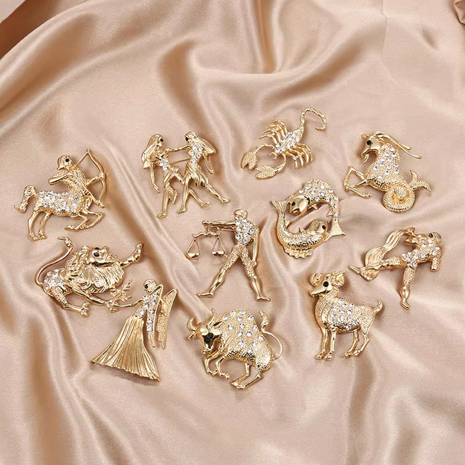 Bijoux personnalisés OEM pour femmes, 12 broches en cristal du zodiaque, embellies avec des animaux, en Zircon, pour fête de fiançailles, cadeaux de mariage