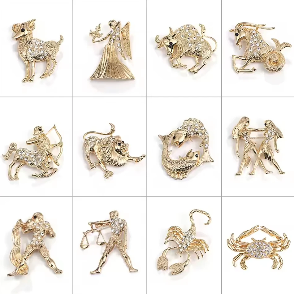 Bijoux personnalis&eacute;s pour femmes, mode 12 broches orn&eacute;es d'animaux en cristal du zodiaque, Zircon En