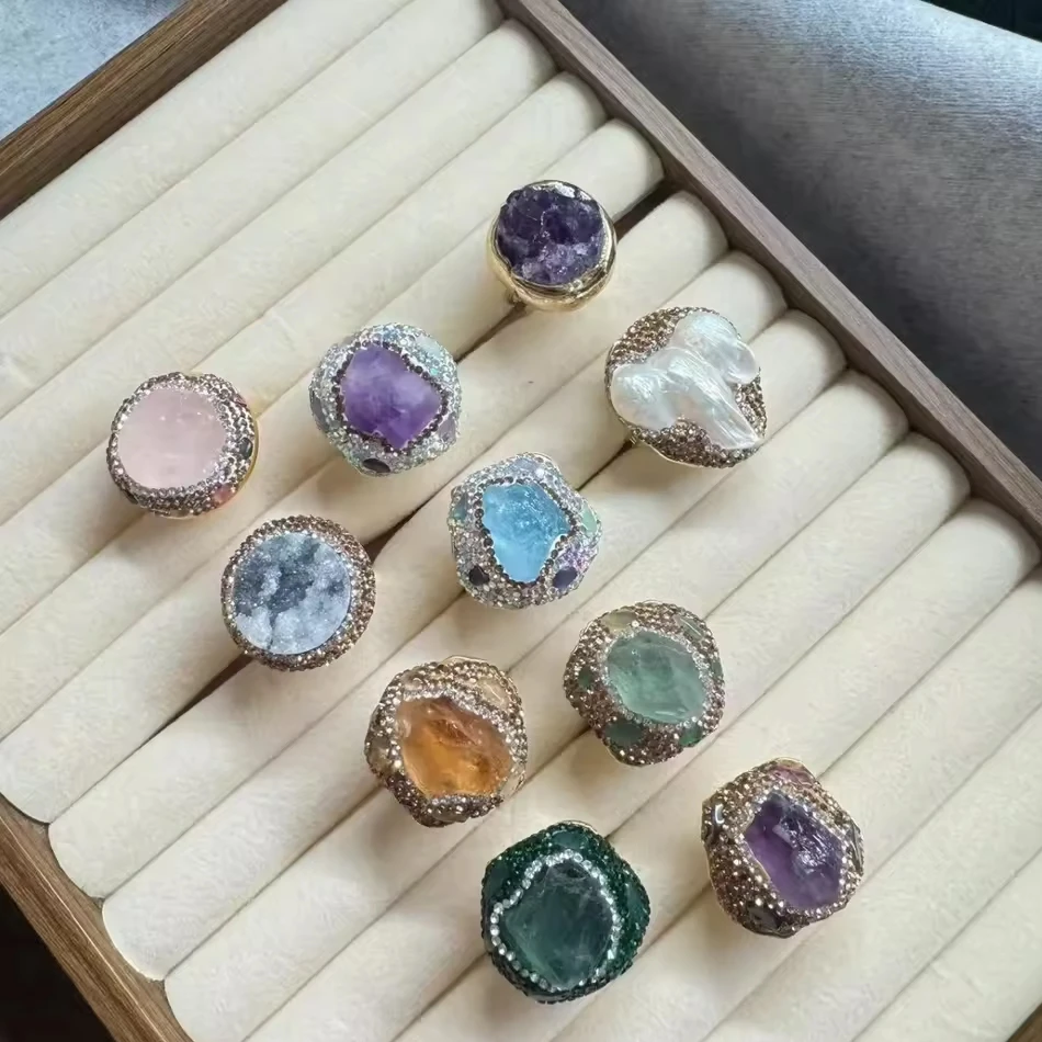 Bijoux personnalis&eacute;s OEM en gros, bague &agrave; cristaux r&eacute;glables de gu&eacute;rison, pierres brutes naturelles