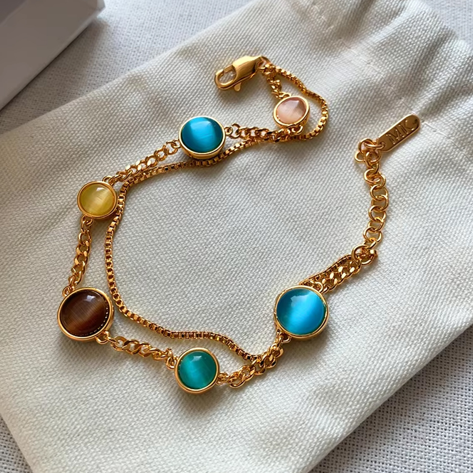 Bijoux personnalisés OEM en laiton galvanisé, couleur or 18 carats, pierre œil de chat, Bracelets à Double chaîne pour femmes, vente en gros d'usine