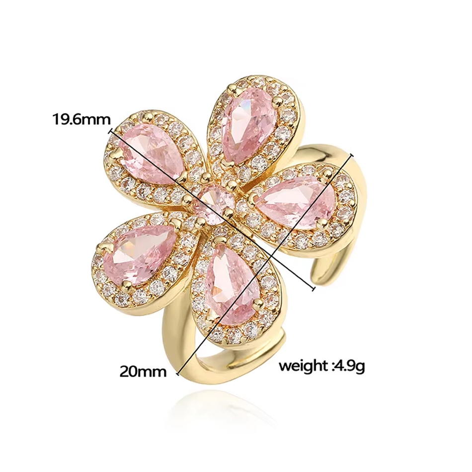 Bijoux personnalisés OEM de haute qualité, bague en laiton Zircon coloré CZ fleur, anneaux réglables plaqués or 18 carats pour femmes