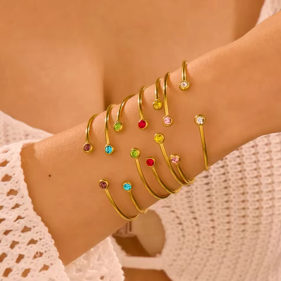 Bracelet personnalis&eacute; OEM Bracelet &agrave; manchette ouverte en zircon color&eacute;, bijoux en acier inoxydable