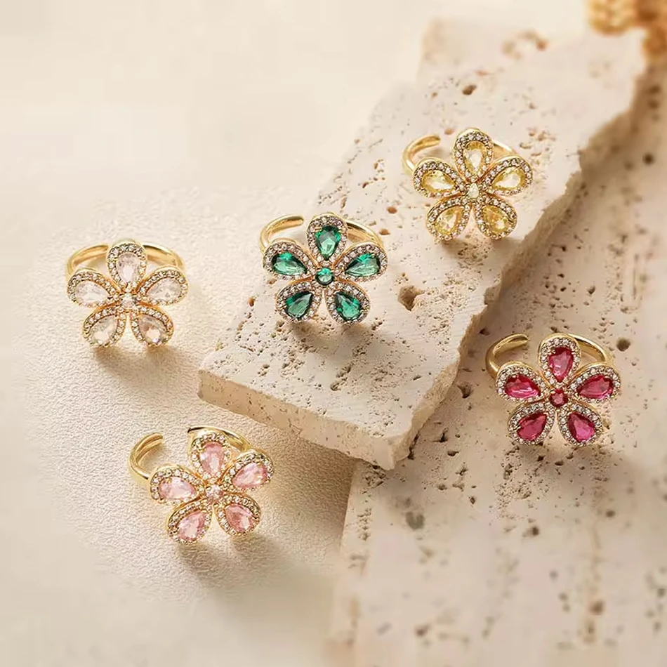 Bijoux personnalis&eacute;s OEM Bague fleur en laiton zircon color&eacute; CZ de haute qualit&eacute;, bague r&eacute;glable pla