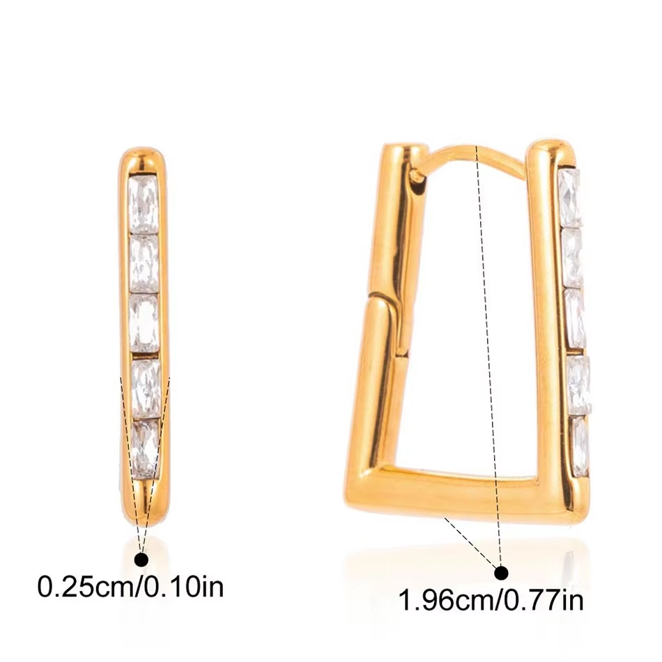 Boucles d'oreilles rectangulaires en acier inoxydable, bijoux personnalisés OEM avec Zircon PVD plaqué or, boucles d'oreilles géométriques, vente en gros de bijoux