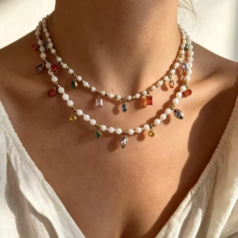 Bijoux personnalis&eacute;s OEM Collier de zircons de perles de dopamine color&eacute;es en acier inoxydable, coll