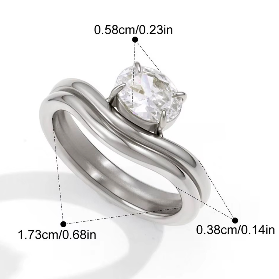 Bijoux personnalisés OEM en acier inoxydable, Double couche ondulée, anneau ovale élégant en zircone blanche, bijoux classiques pour fête de mariage