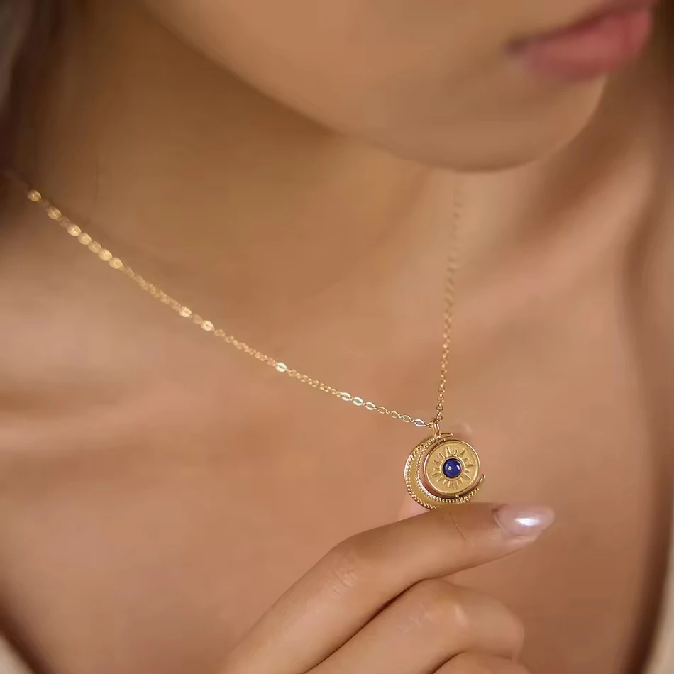 Collier soleil et lune en acier inoxydable, bijoux personnalis&eacute;s OEM, pendentif rotatif en Lapis Laz