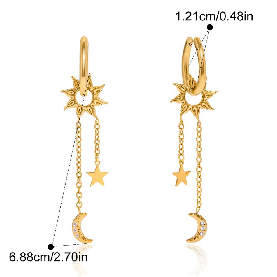 Bijoux personnalisés OEM, boucles d'oreilles en acier inoxydable, or 18 carats, strass, étoile, lune, pompon, vente en gros, fournisseur de bijoux