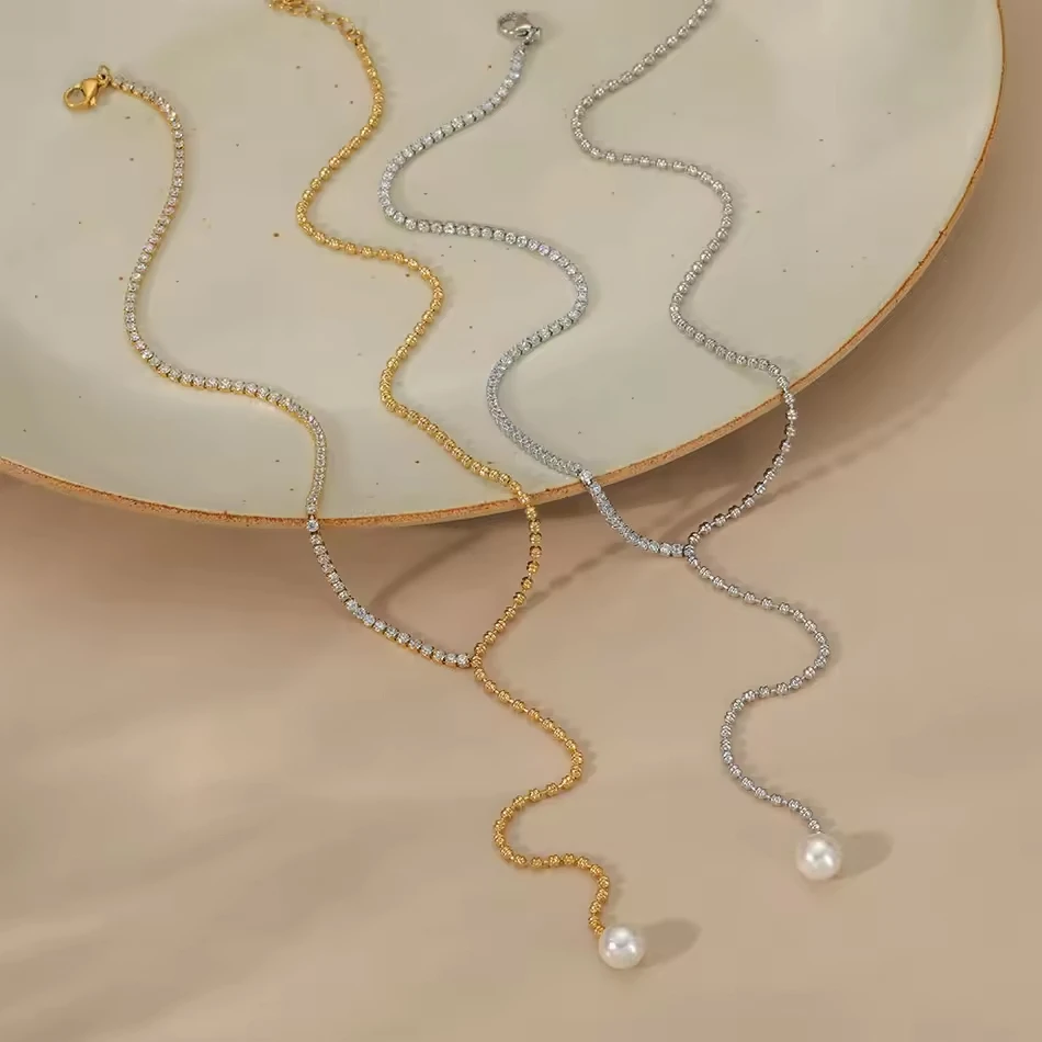 Collier en cha&icirc;ne en Y en acier inoxydable avec breloque en perles de zircon, style lariat &eacute;l&eacute;gant N