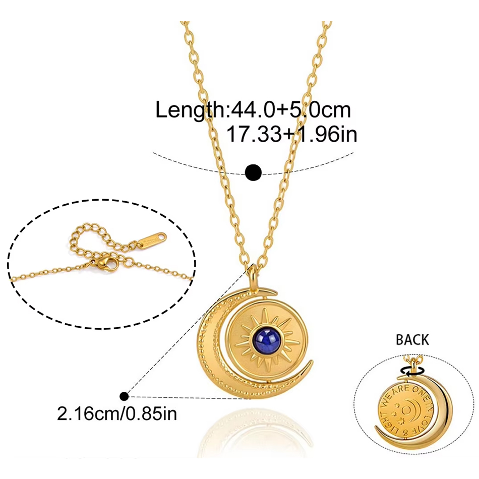 Collier soleil et lune en acier inoxydable, bijoux personnalisés OEM, pendentif rotatif en Lapis Lazuli, collier de clavicule non ternissant, vente en gros