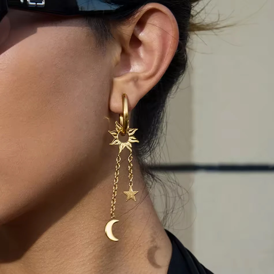 Boucles d'oreilles de mode en acier inoxydable or 18 carats, strass Sun Star Moon, fournisseur de bi